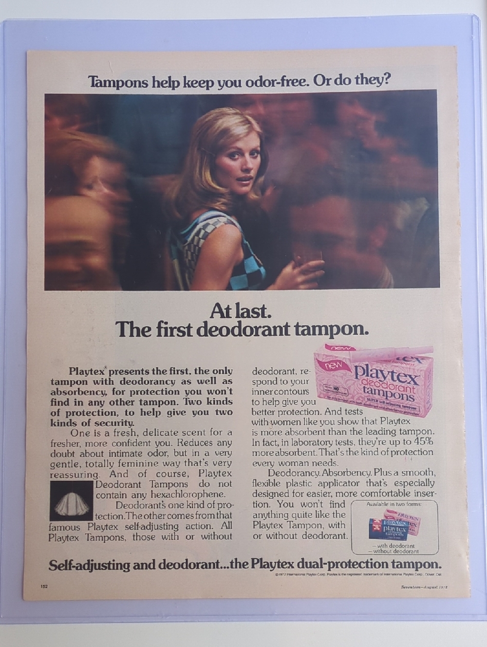 Vintage 1972 Playtex Deodorant Tampon Ad, Seventeen Magazine Wall Hanging, 70s